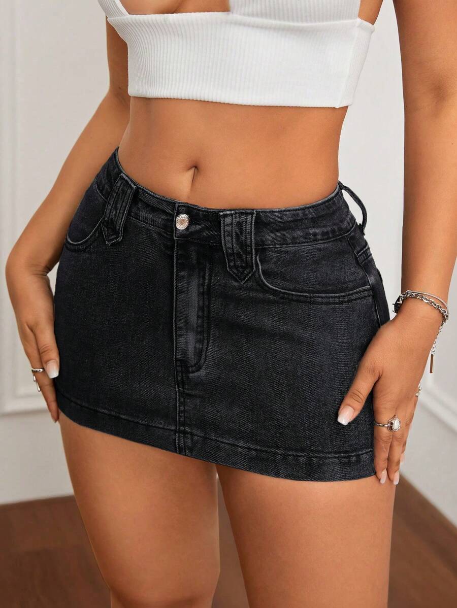 SHEIN ICON Casual Washed Slim-Fit Mini Denim Skirt - Black - View 1