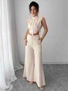 Elenzga Bộ 2 áo không tay họa tiết hoa 3D thanh lịch dành cho nữ và quần dài thường ngày - Màu be - Xem 5