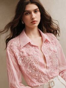 Anewsta 复古法式串珠花卉女式休闲长袖透明纹理提花衬衫上衣，春夏装 - 淺粉色 - 查看 3