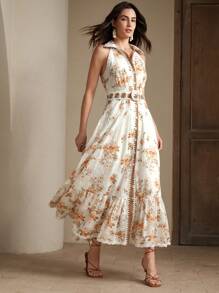 Anewsta Vestido de mujer elegante y romántico con volantes en el bajo, sin mangas, con estampado floral, para vacaciones/citas, atuendo casual para primavera/verano, ideal para festivales y vacaciones
