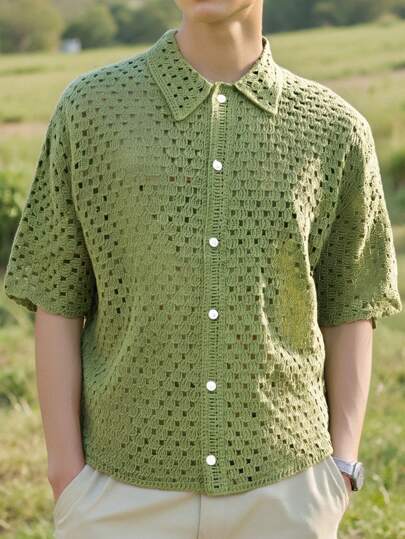 Manfinity CasualKnits Men's Green Color Crochet Short Sleeve Hollow Out Loose Top, Casual And Fashionable For Daily Wear, Suitable For Summer