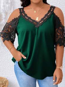 Calvaya Plus Size Summer Fashionable Contrast Color Lace Panel Off Shoulder Blouse - Dark Green - View 3