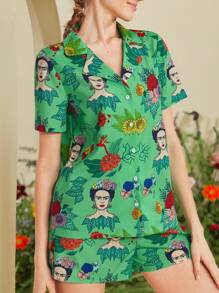 Frida Kahlo X SHEIN Women's Surrealism Tropical Plant Print Short Sleeve Shirt & Shorts Green Loose Pajama Set, Spring Summer - Green - View 5