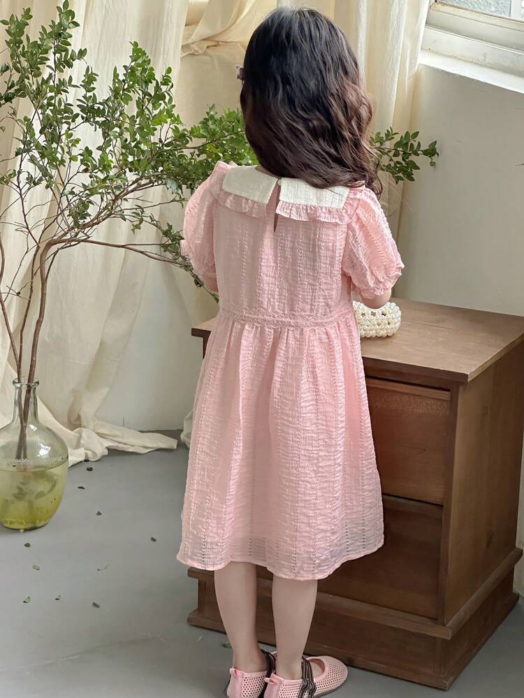 Young Girls' Summer Casual Contrast Color Collar Puff Sleeve Dress