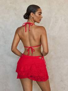 SHEIN Swim Conjunto de bikini con cuello de halter de encaje y minifalda de cubrimiento relajado y sexy