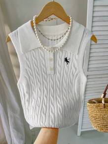 Chiquease New Simple Korean Style Sleeveless Pure Linen Knitted Polo Neck Embroidered Pullover Sweater For Women, Spring/Summer - White - View 1