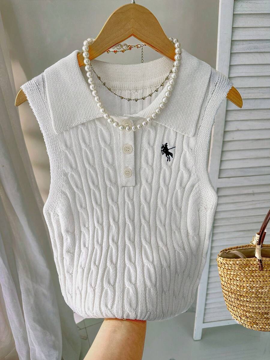 Chiquease New Simple Korean Style Sleeveless Pure Linen Knitted Polo Neck Embroidered Pullover Sweater For Women, Spring/Summer - White - View 1