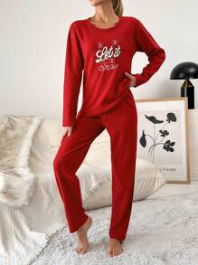 RueChic 100%Cotton Letter Graphic Ribbed Knit Tee & Pants Lounge Set - Red - View 3