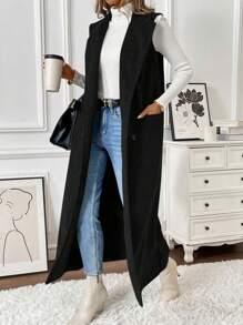 Chiquease Sleeveless Lapel Collar Double-Breasted Single-Breast Pocket Maxi Overcoat For Women - Black - View 4