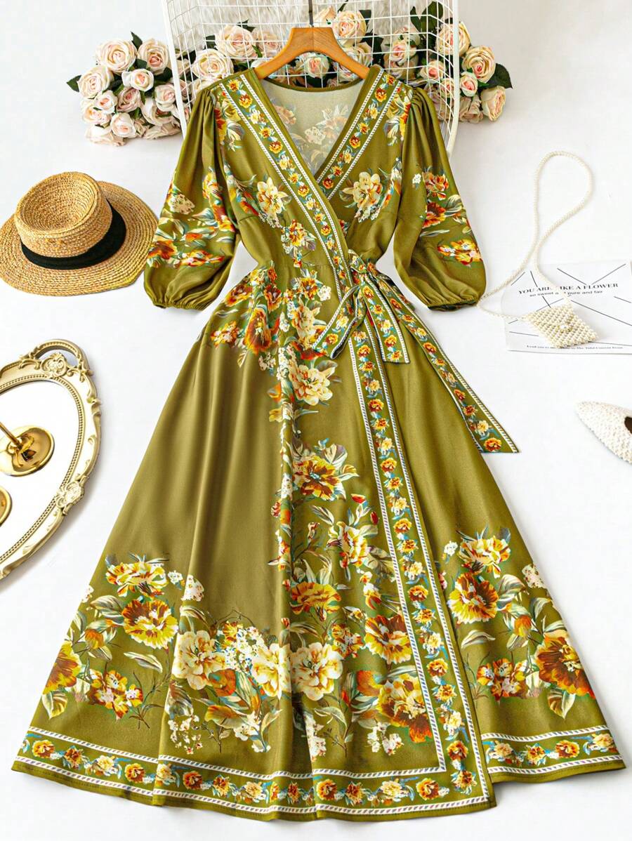 DreamSkyne 大码女式复古花卉印花 V 领绿色系带泡泡袖连衣裙，春夏时尚 - 綠色 - 查看 1