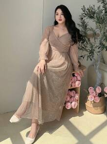 Dazy Plus 大码网纱亮面纱腰部收褶长款连衣裙，喇叭裙摆，适合春秋季节穿着，长袖，奢华舞会礼服，新年晚礼服