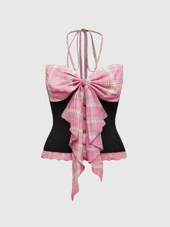 J-Fashion Plus Size Women Y2K Retro Himekaji Sweet Harajuku Girl Style Pink Plaid Super Big Bow Top