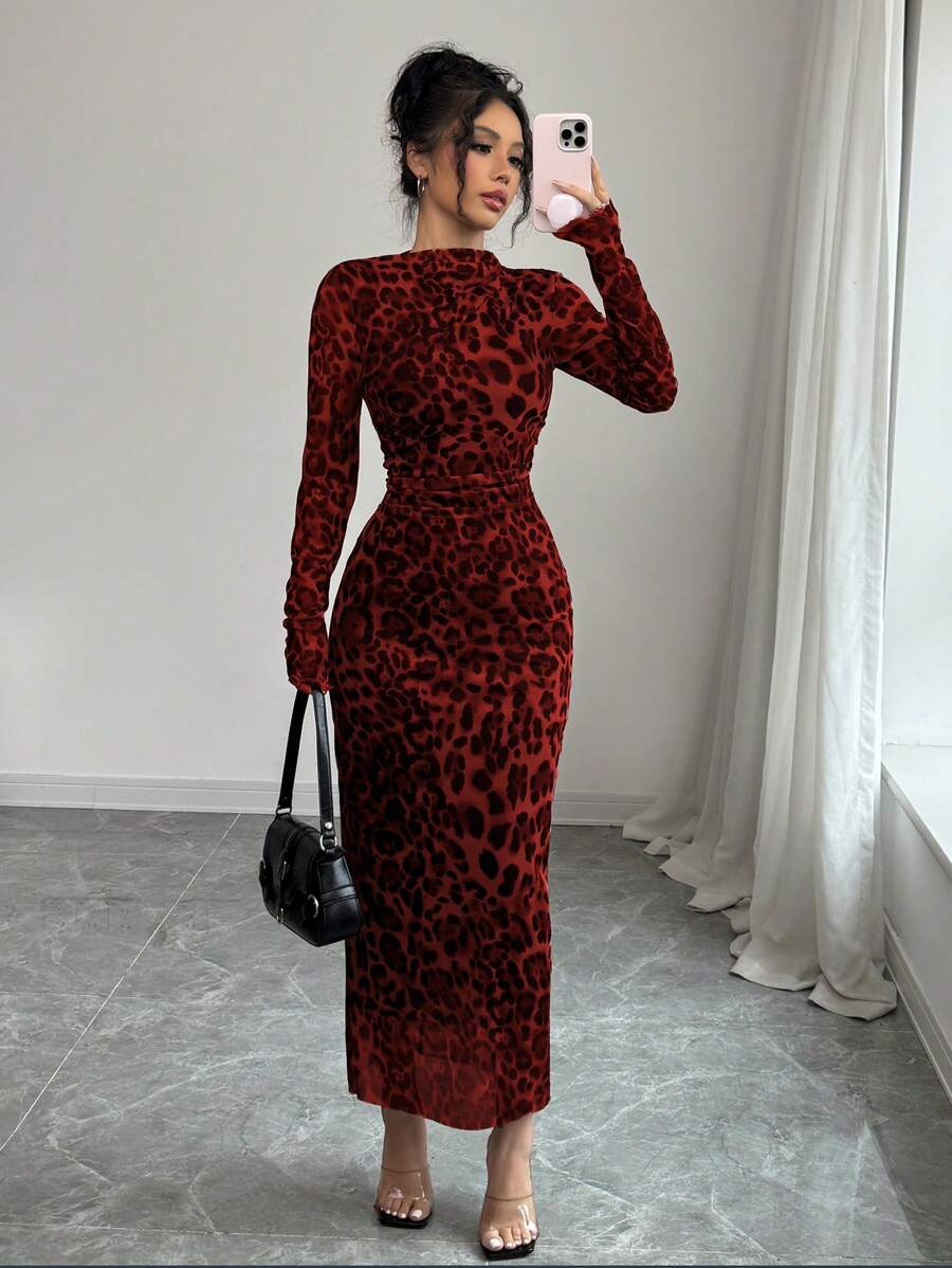 Elenzga Women Elegant Leopard Print Stretch Mesh Ruched Bodycon Mini Dress Fall Cloth For Women - Red - View 1