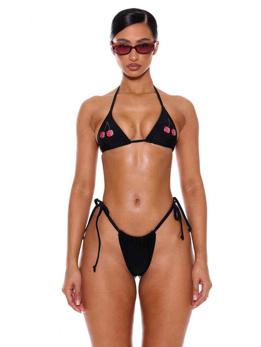 Musera Resort Halterneck Graphic Cherry Print Triangle Club Sexy Bikini Top Only For Summer Spring Holiday Vacation Ibiza Beachwear Nanoscopic Techno