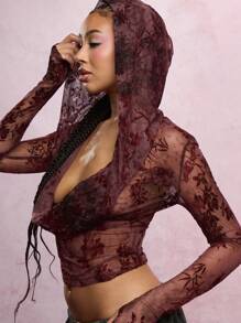 SUMWON WOMEN 连帽围脖领网眼上衣长袖花卉印花哥特式舞蹈俱乐部派对节日时尚短款上衣酒红色 - 酒紅色 - 查看 3