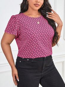 SHEIN LUNE 大码休闲全印花泡泡袖衬衫，夏季