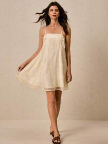 Poéselle 米色连衣裙、太阳裙、立体刺绣连衣裙、露背连衣裙、礼服、婚纱、夏季女装、节日服装、女士休闲花卉印花宽松吊带迷你连衣裙 - 杏色 - 查看 5