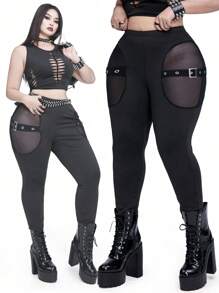 Whyspr Casual Punk Gothic Punk Hollow-Out Mesh Elastic Waist Casual Solid-Color Leggings