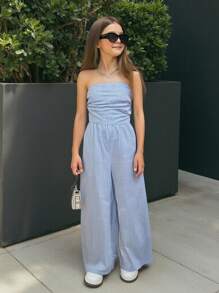 SHEIN Nova Glow 少女及配套女童日常休闲时尚条纹编织连体裤，带抹胸上衣 - 藍色 - 查看 1