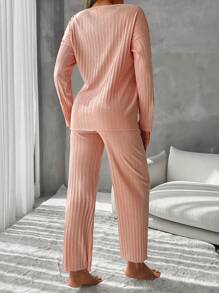 RueChic Slogan Graphic Drop Shoulder Lounge Set - Coral Pink - View 2