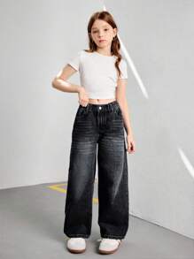 SHEIN Sparklyn Streetcool Tween Girl 复古宽松阔腿牛仔裤，休闲直筒牛仔裤 - 黑色 - 查看 7