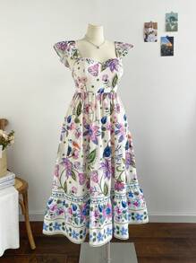 Dreamara Gaun Panjang WYWH Casual Vacation Multi-Color Positioning Flower Flutter Sleeves Back Tie Plus Size - MultiWarna - View 9