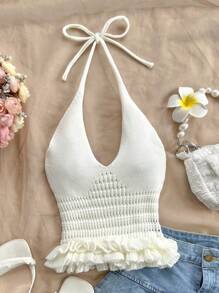 Soleia Plus Size Women's Sexy White Knit Halter Neck Sleeveless V-Neck Ruffled Hem Vacation Sweater Vest - Beige - View 3