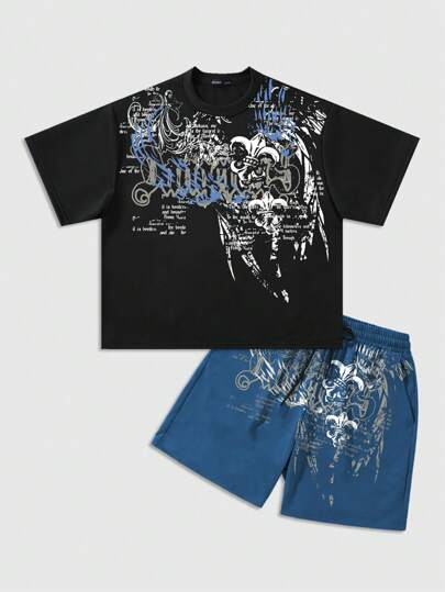 Men's Goth Graphic Print Short Sleeve Loose Cropped T-Shirt & Shorts, Halloween