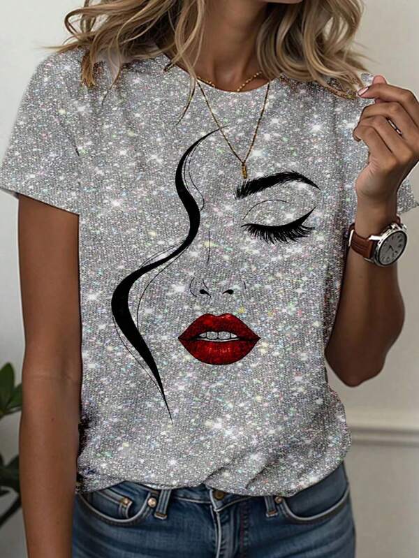 SHEIN Essnce Women Abstract Face Line Art Graphic Print Casual Round Neck Short Sleeve T-Shirt, Spring & Summer