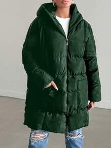 EURMUSE Women Hooded Metal Zipper Big Pockets Knee-Length Solid Color Padded Coat - Dark Green - View 5