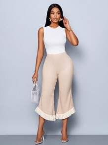 SOLERSUN Summer Women's Clothing, Leisure And Vacation, Daily Style, Apricot Color, Textured Fabric, Asymmetric Hem, Loose Flared Pants, Fringed Hem Decoration, Knitted Trousers