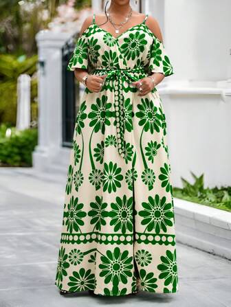 SHEIN Lady Robe de bal casual à fines bretelles en tricot coloré, à ceinture, à manches longues ou courtes, pour grande taille. Tenues élégantes pour femmes pour les vacances, au style bohème, adaptées aux sorties décontractées de printemps et d'été, aux voyages, à la plage et aux vacances
