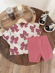 SHEIN Explorewe 2pcs Young Girl Bow Print Short Sleeve T-Shirt And Shorts Set, Casual - Multicolor - View 2