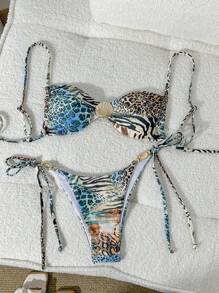 Swim Vcay Damen Sommer Strandoutfit, mehrfarbiges verstellbares Trägertop mit Muschelverzierung und Spaghetti-Träger Bikinihose mit Seitenbindung, Badeanzug