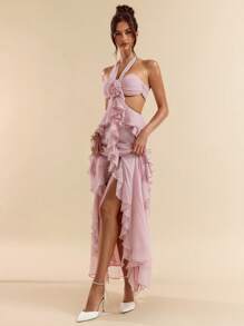 SHEIN BAE 夏季海滩度假纯粉色蕾丝束腰连衣裙吊带长裙优雅女性音乐节乡村音乐节演唱会礼服节日礼服小白裙返校季礼服返校季礼服伴娘服小礼服派对礼服 - 粉色 - 查看 4