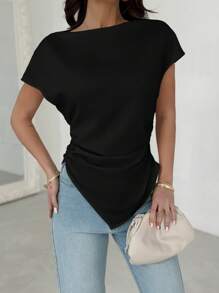 Firerie Áo cánh nữ thanh lịch màu trơn nhún bèo viền bất đối xứng - màu đen - Xem 3