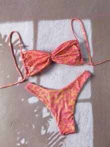 Swim Mod 2件套女士夏季随机印花系带扭花高腿性感细肩带比基尼套装 - 彩色 - 查看 2