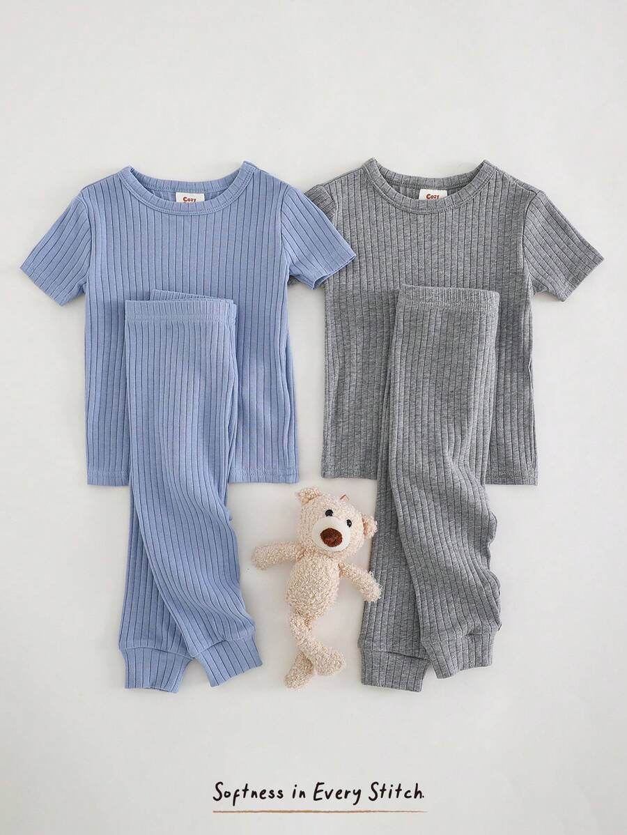 Cozy Pixies Bộ đồ ngủ 4 món vừa vặn cho bé trai: Áo thun cổ tròn mềm mại màu trơn tay ngắn, quần dài cạp chun - Nhiều màu - Xem 1