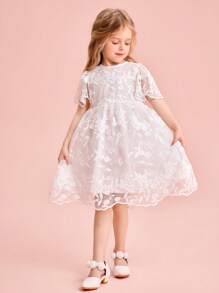 Young Girl Cute & Elegant White Embroidered Mesh Short Sleeve Summer Dress - White - View 1