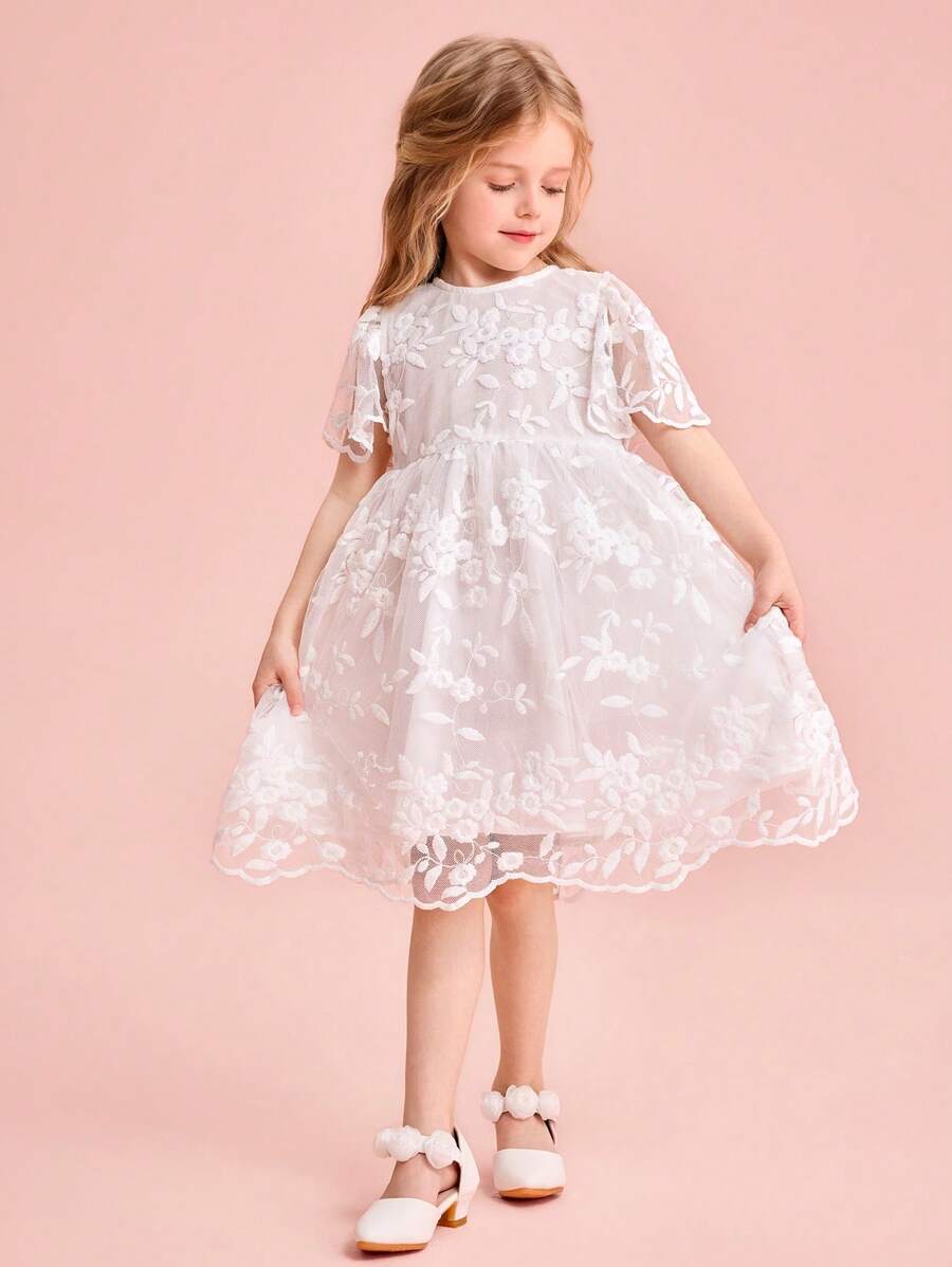 Young Girl Cute & Elegant White Embroidered Mesh Short Sleeve Summer Dress - White - View 1