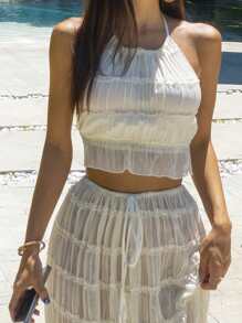 DAZY 2pcs Women Vacation Style Semi-Transparent Halter Top & Skirt Set,Beach Outfits - Apricot - View 10