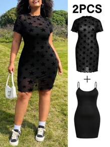 SHEIN EZwear 2pcs/Set Plus Size Women Vacation Star Velour & Mesh Dress,Spring Summer Clothes,Concert Outfit Women,Rave Outfits Festival,West