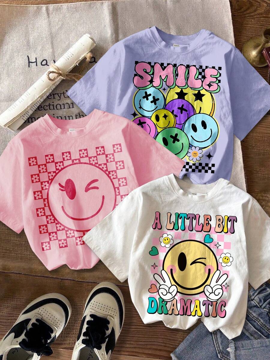 SHEIN 3件套年轻女孩休闲简约卡通脸图案彩色T恤，白色、粉色、紫色，适合夏季 - 彩色 - 查看 1