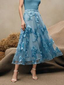 Anewsta 春夏度假节日新款复古优雅百搭花卉刺绣网眼高腰A字裙，秋春女裙 - 淺藍色 - 查看 5