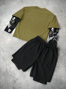 Manfinity Streetrush Conjunto de camiseta de manga larga y pantalones cortos de estilo urbano juvenil para hombres con estampado de calavera de hielo y fuego de la calle. Este conjunto presenta un diseño en contraste negro y verde con gráficos de impresión de gran tamaño, que representa un estilo de rock callejero. Es adecuado para festivales de música y uso diario, convirtiéndolo en un gran regalo para novios o esposos, que refleja la moda callejera y la estética Y2K. Conjunto de dos piezas para hombres, conjunto de camiseta de manga larga y pantalones cortos estampados con esqueleto de hielo y fuego de 2 en 1 para hombres, conjuntos de 2 piezas para hombres