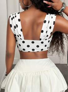BamGleam 女士性感波尔卡圆点印花扭纹前超短款背心，夏季 - 黑與白 - 查看 3