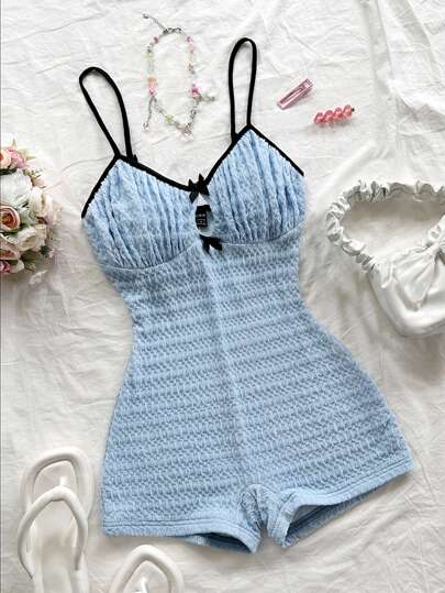 Soleia Women's Vacation Blue Knit Texture Front Center Hollow Bow Contrast Shoulder Strap Contrast Figure-Flattering Jumpsuit, Fashionable Layering Or Outerwear, Party