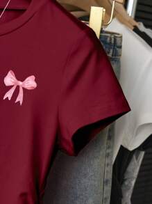 Teen Girl 3pcs Casual Cute Bow Print T-Shirt Set, Simple Versatile Style Top