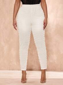 SHEIN BAE 大码女式纯色松紧腰荷叶边修身针织裤，女式度假服，母亲节，母亲节礼物，妈妈，复活节大码女装，节日之夜，夏季夹克，优雅，音乐会女装，夏季女装，夏季，生日女装，婚礼，毕业典礼，俱乐部女装性感，曲线 - 杏色 - 查看 1