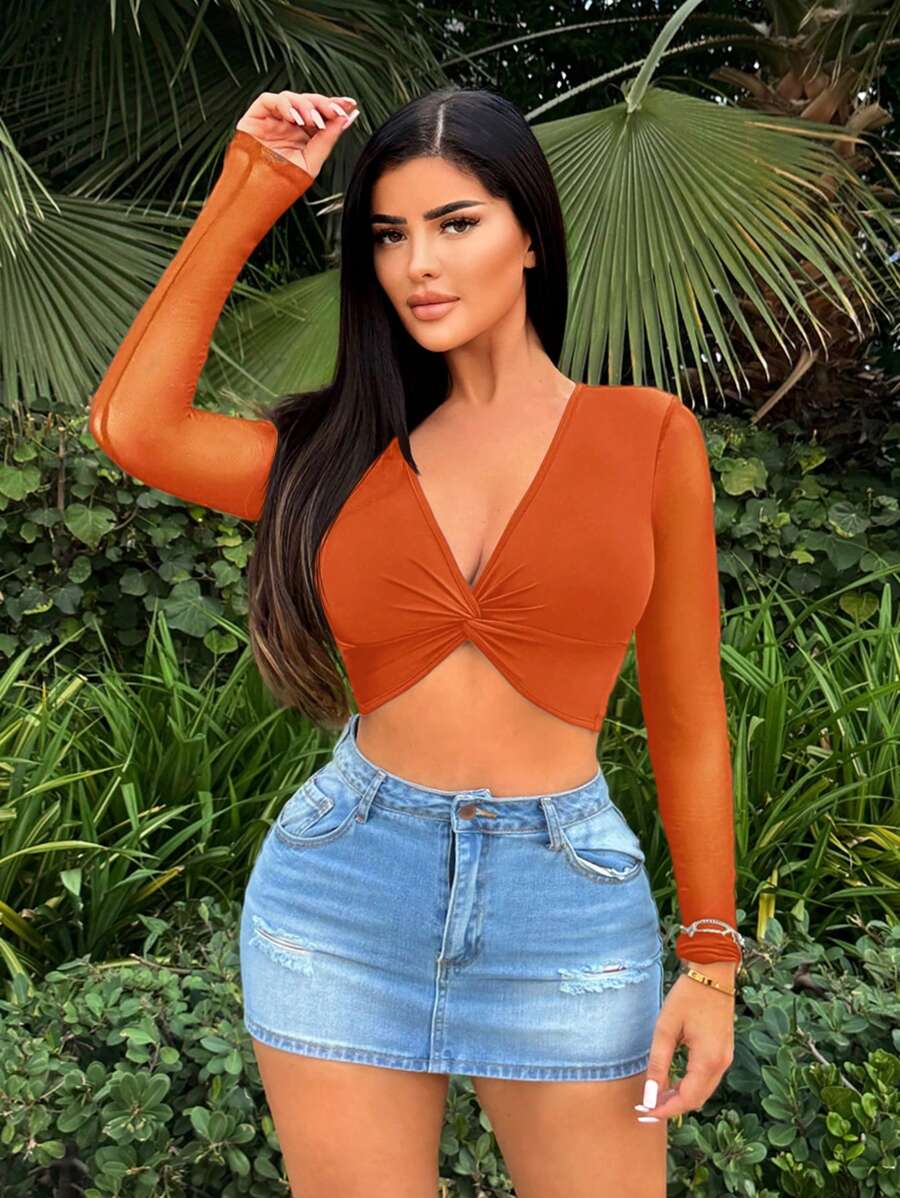 SHEIN SXY Mesh Splice Twist Front Short Tight T-Shirt Summer Date Night Tops - Orange - View 1